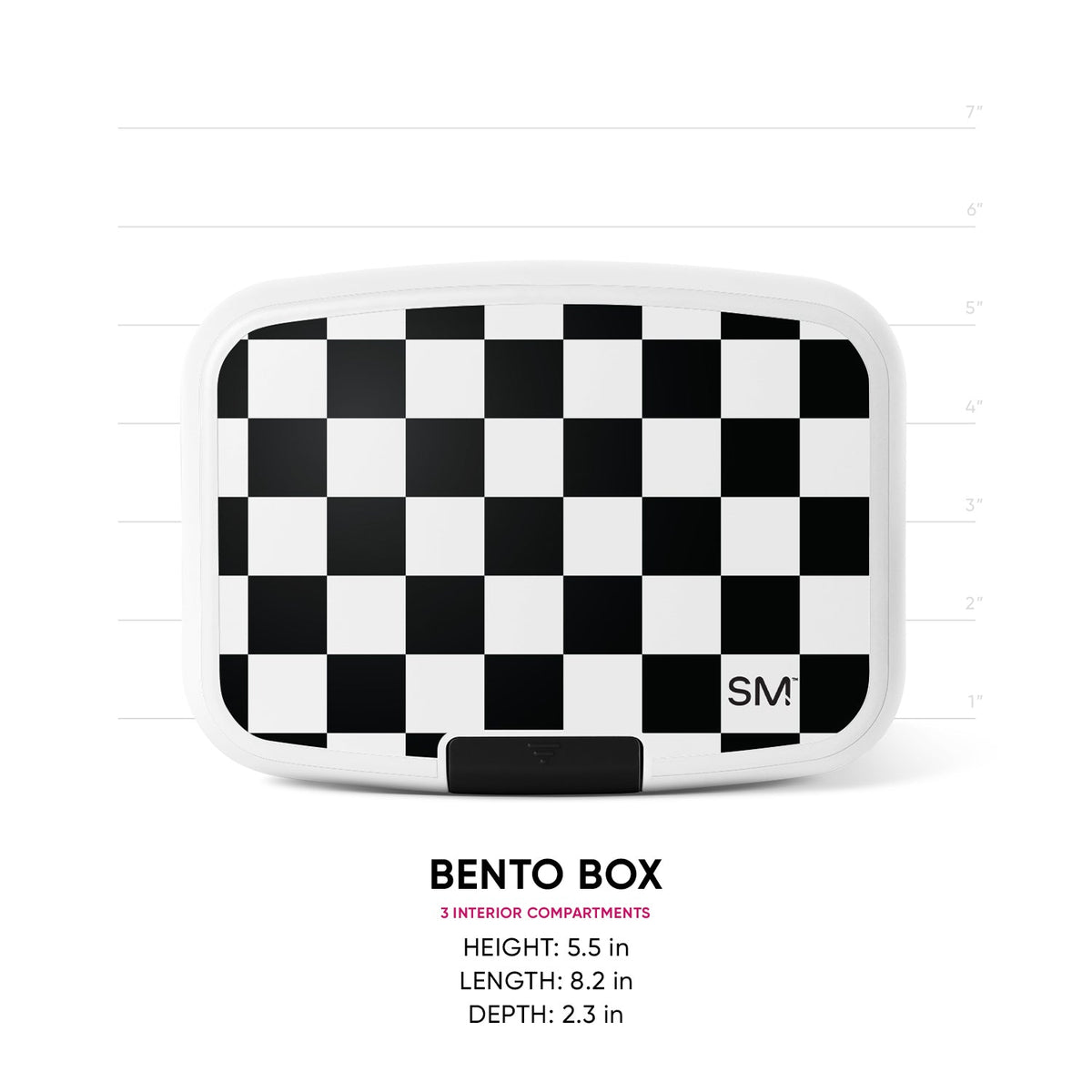 Simple Modern bento box with black and white checkerboard pattern, black latch, measurement scale showing 5.5 in height, 8.2 in length, 2.3 in depth, 3 interior compartments.