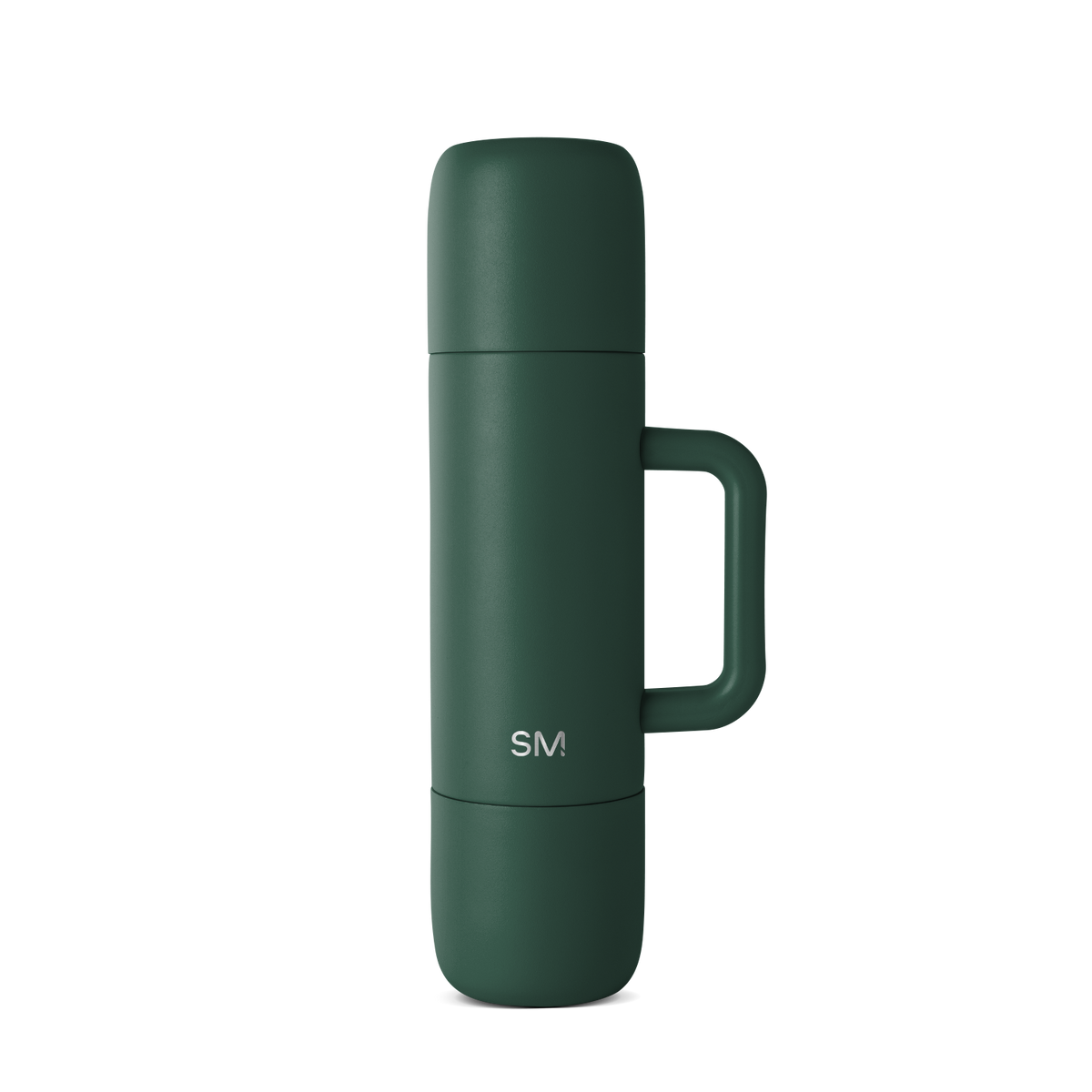Forest green insulated bottle with matte finish, modern cylindrical design, viewed from front angle, product photography on neutral background.
