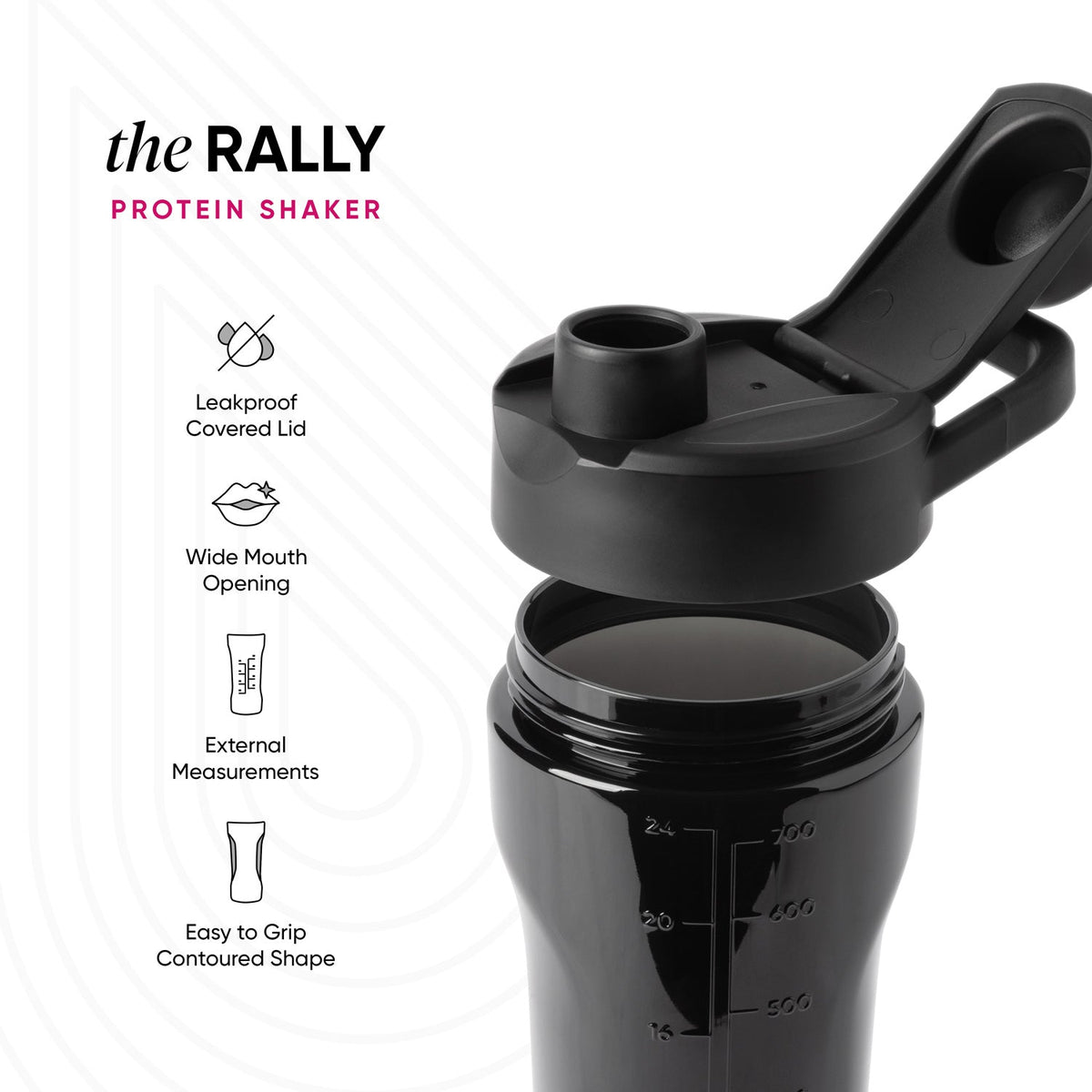Black Rally protein shaker bottle with secure lid and measurement markings, displayed against light gray background with geometric patterns