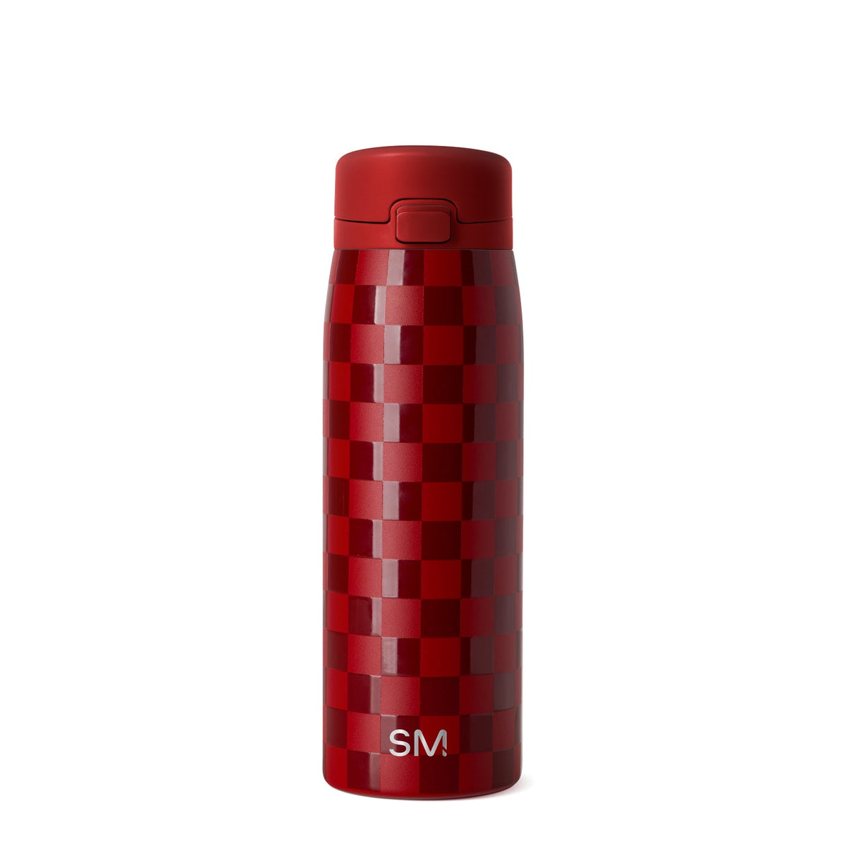 Deep red and burgundy bottle with geometric checkered pattern in alternating red tones and solid matte red cap