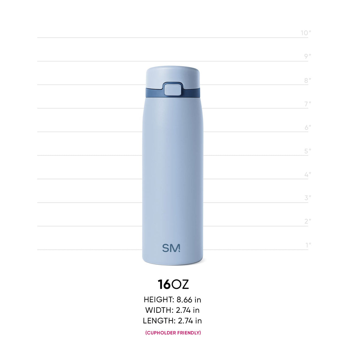 Pale blue water bottle with navy blue lid band and SM logo on soft background