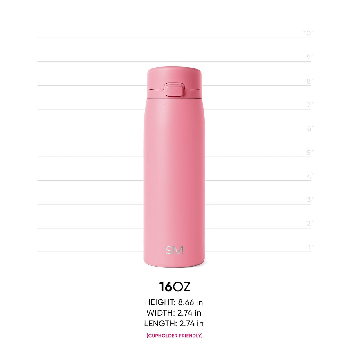 Soft dusty pink tumbler with white text on neutral gray background, featuring metallic accents