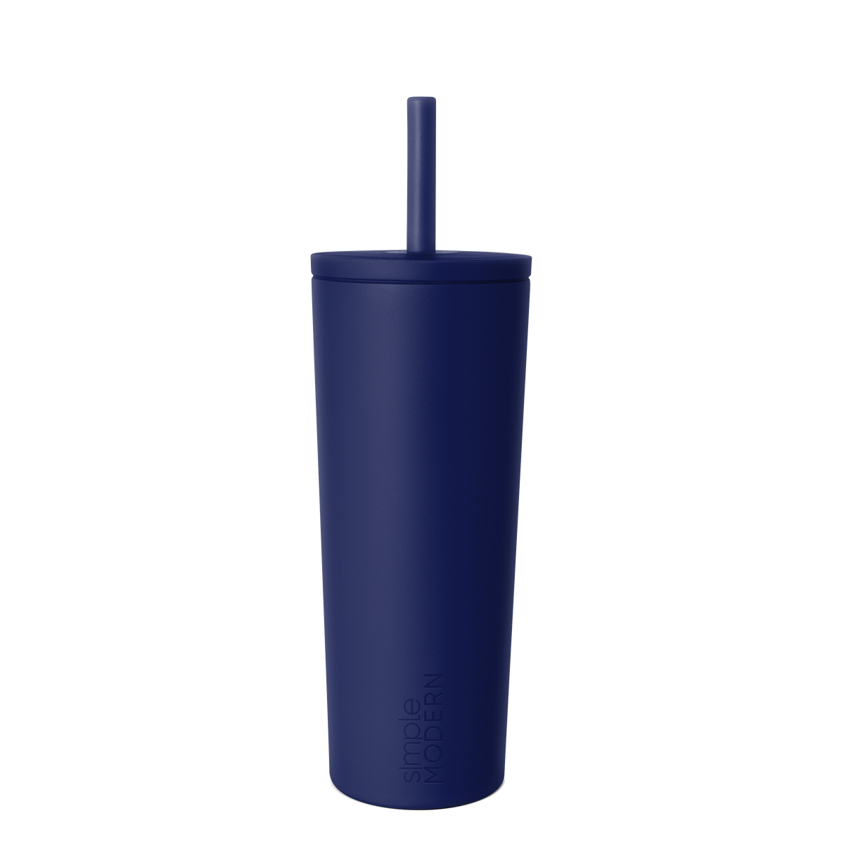 Navy blue insulated tumbler with white background