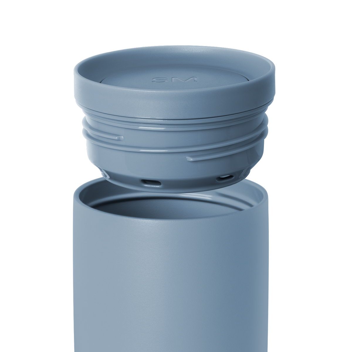 Blue-gray water bottle with detachable lid on white background. Simple modern design in muted slate blue color.