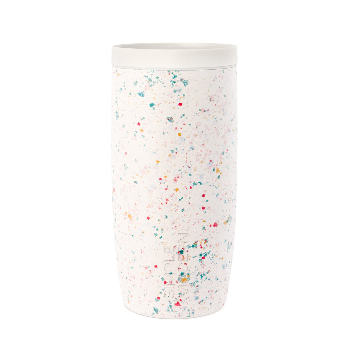 White cylindrical tumbler with colorful confetti speckle pattern throughout, product shot on neutral background