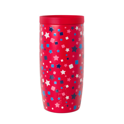 Bright red insulated drinkware with multi-colored geometric pattern featuring navy blue, cyan, pink, and white accents