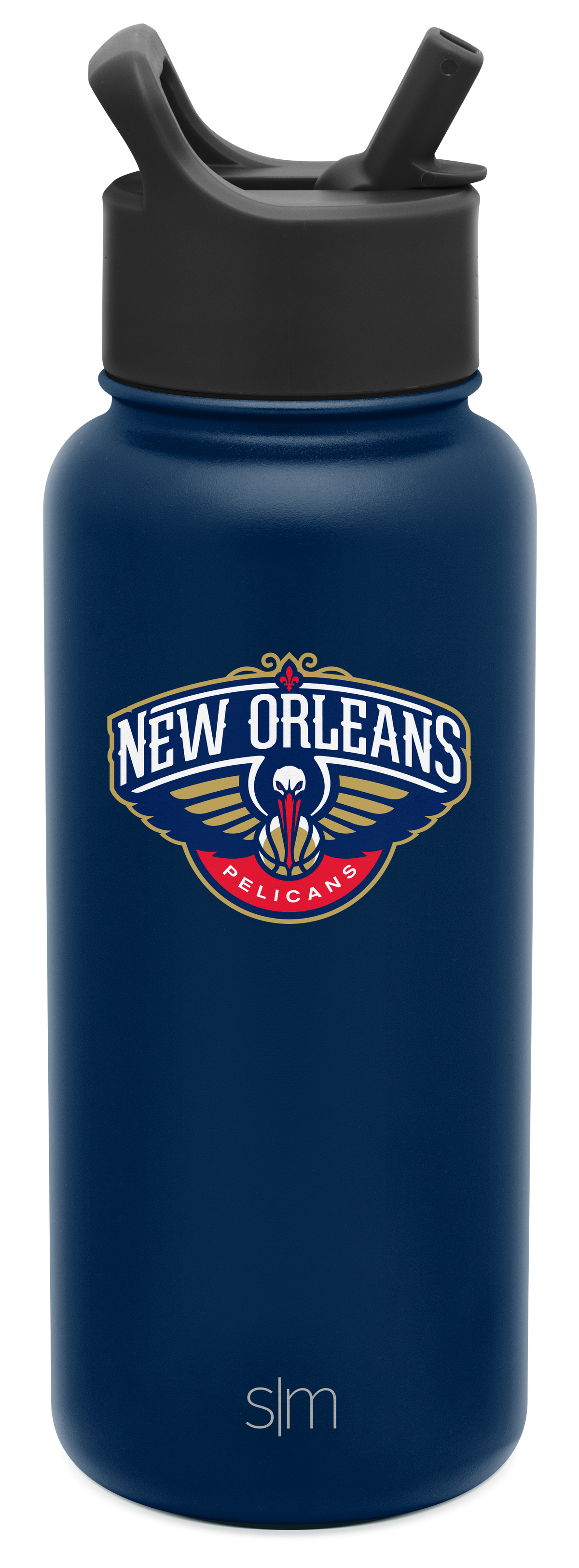 Navy blue insulated water bottle with matte finish against white background. Simple Modern design, cylindrical shape, durable appearance.