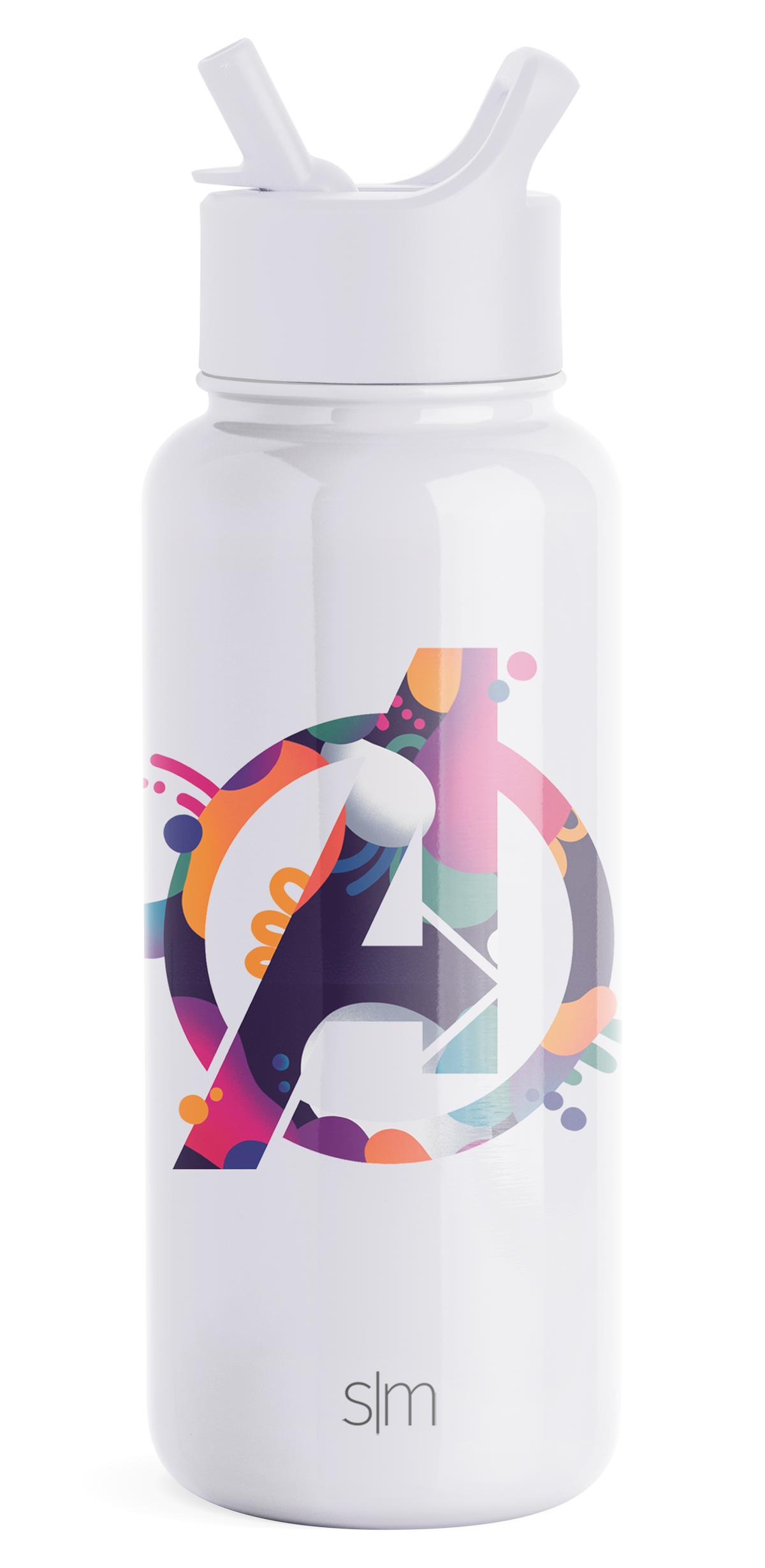 White Simple Modern insulated water bottle with push-button spout cap against white background