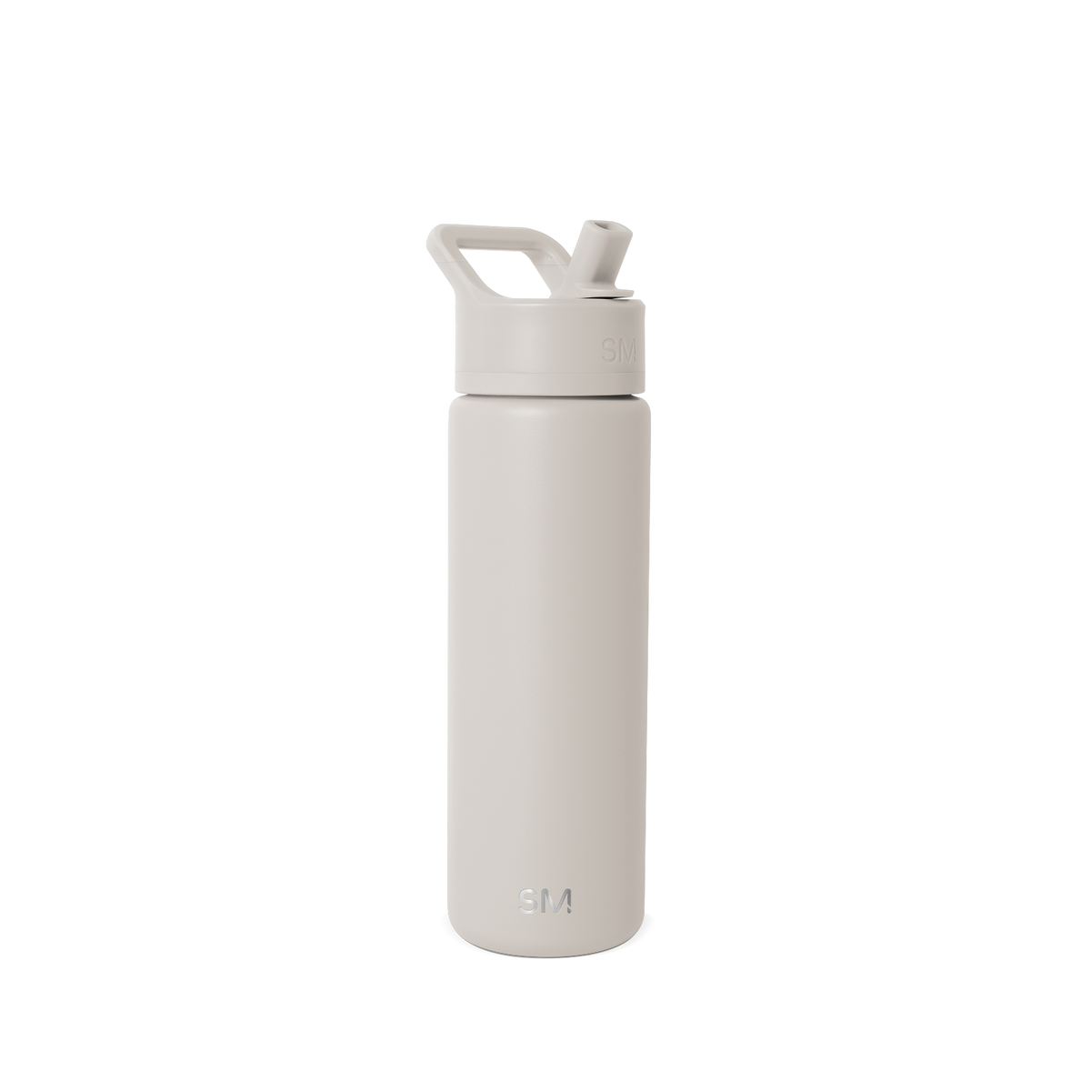 Beige and cream colored water bottle against light off-white background
