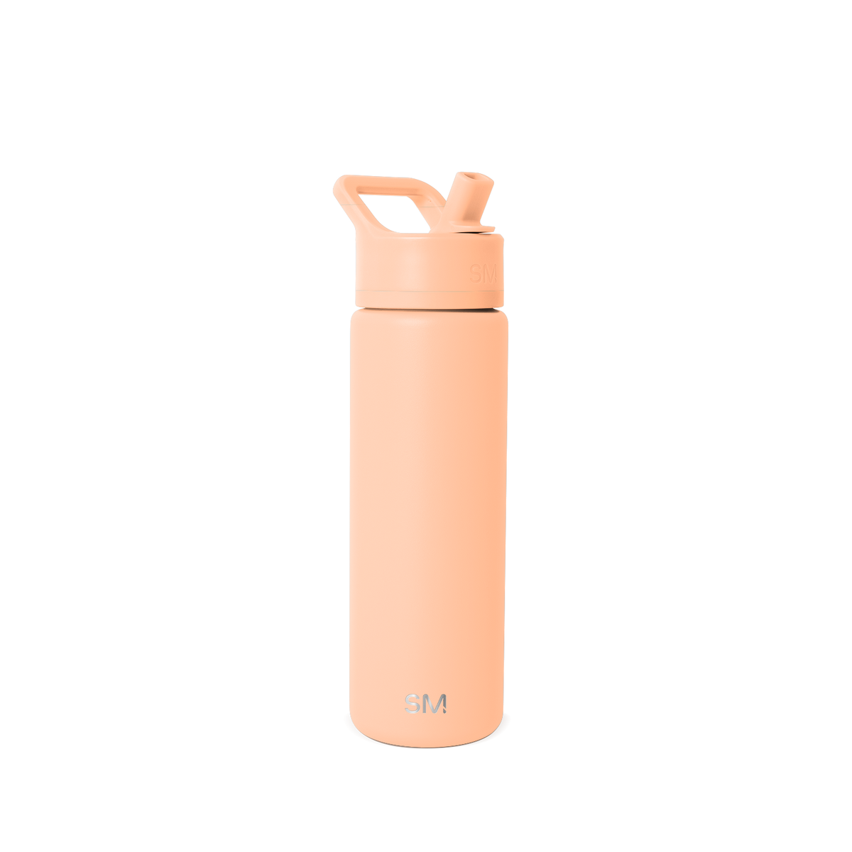 Tall cylindrical water bottle in soft peachy-beige with flip-top cap, angled straw opening, and curved carry handle