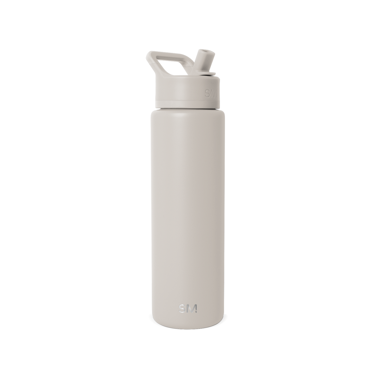 Stone gray cosmetic bottle with pump dispenser on white background, product shot for skincare or beauty item labeled SM2-S-30-ALB-M