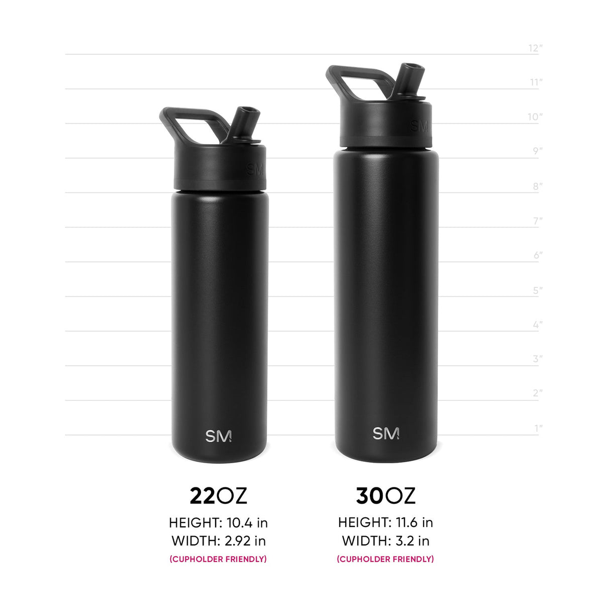 Two Simple Modern insulated water bottles in matte black displayed side-by-side with measurement scale. Left: 22oz, 10.4"H x 2.92"W. Right: 30oz, 11.6"H x 3.2"W. Both cupholder friendly with flip-cap spouts and SM logo.