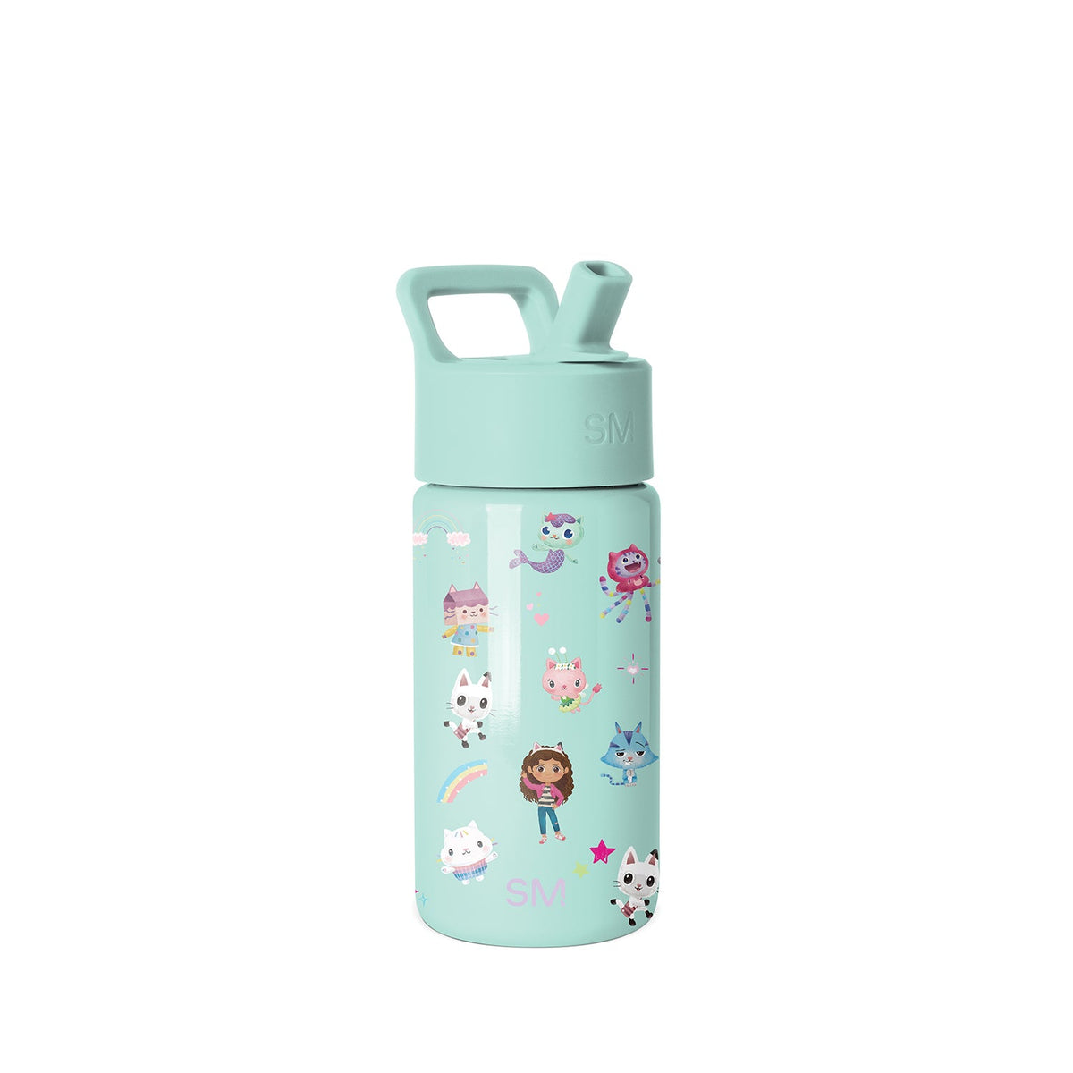 Mint green Simple Modern water bottle with twist-on cap and carry handle, featuring whimsical illustrated characters including cats, mermaid, rainbow, cupcakes, and stars in bright pink, purple, yellow, and blue accents on
