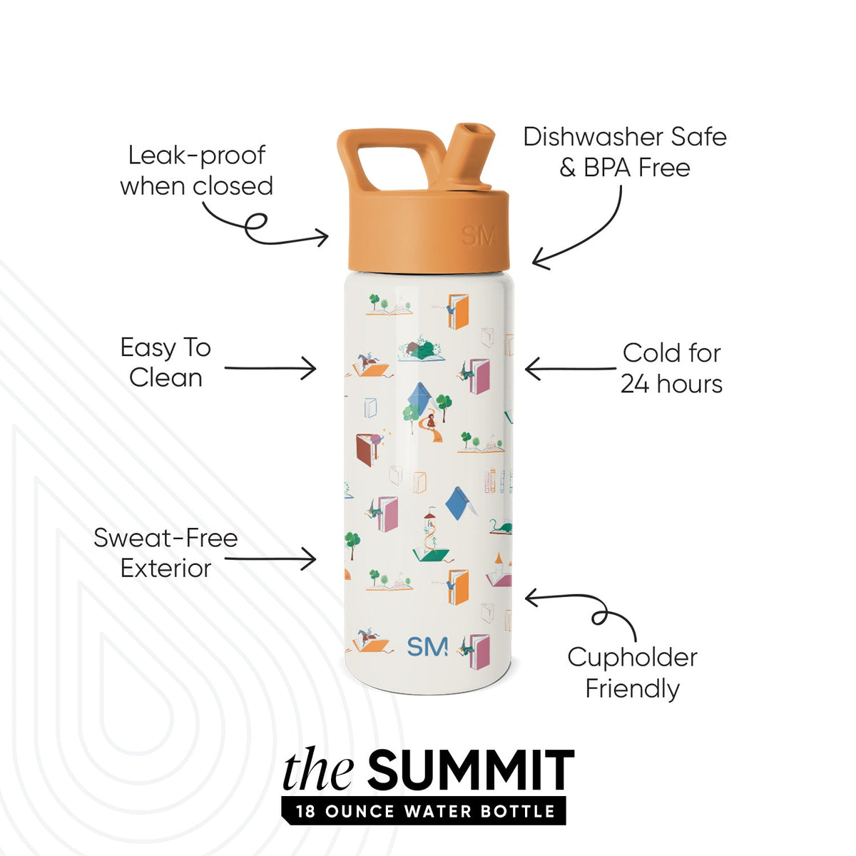 Simple Modern Summit 18 ounce water bottle in cream with caramel lid, featuring colorful lifestyle illustrations, labeled callouts highlighting leak-proof, dishwasher safe, 24-hour cold retention, cupholder friendly,