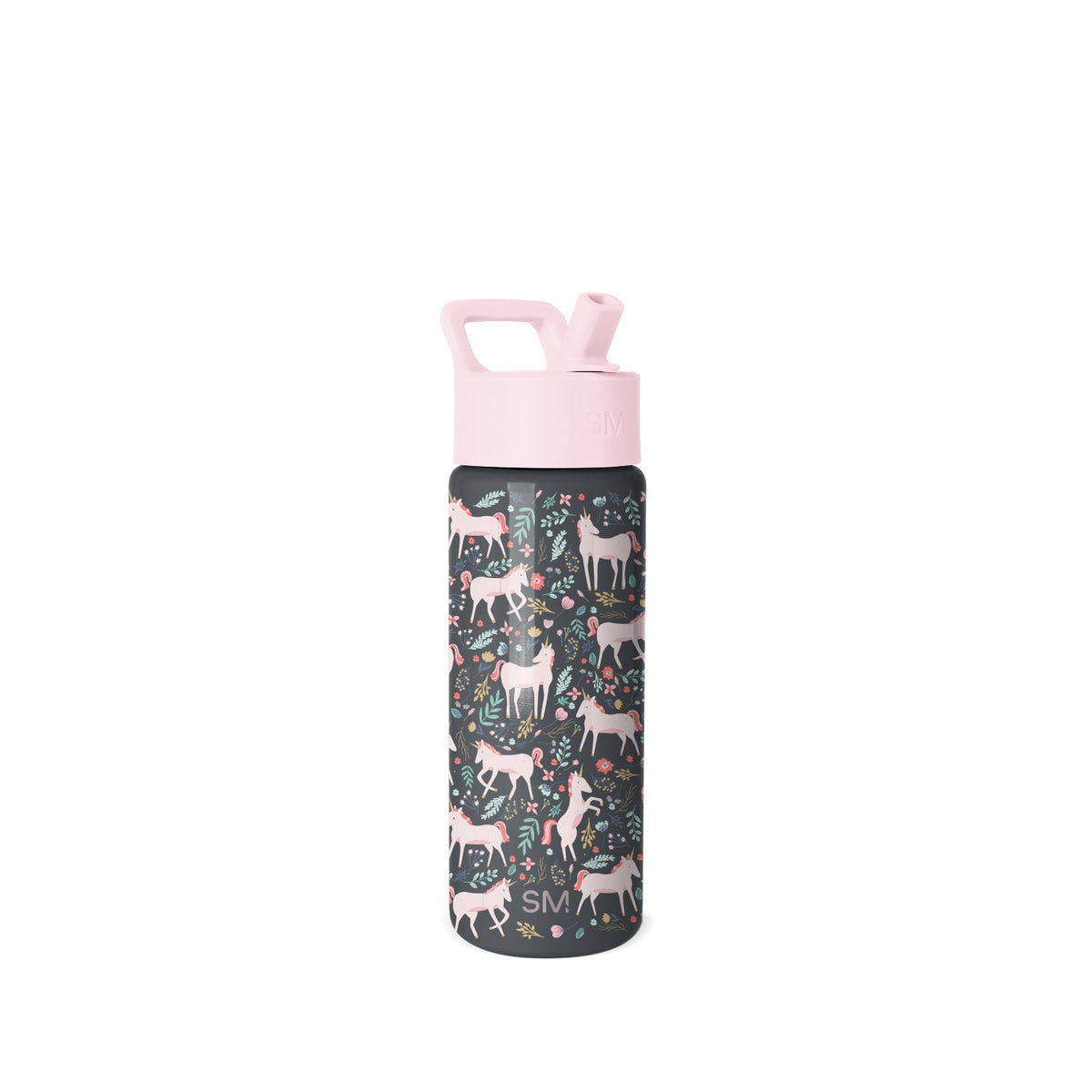 Simple Modern insulated water bottle with pale pink lid and handle, dark base, and cream-colored deer with coral, sage green, and mustard yellow floral pattern throughout.