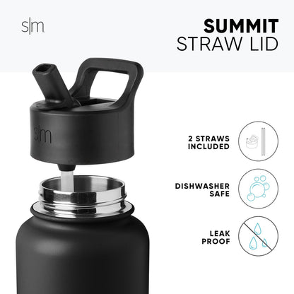 Matte black Summit Straw Lid with attached water bottle base and metallic silver-chrome band accent on white background