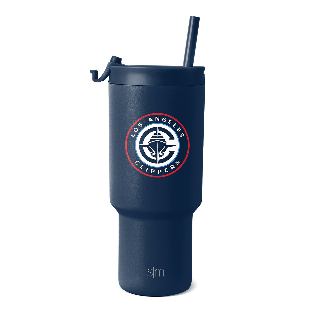 Deep navy blue tumbler with red and white circular logo branding