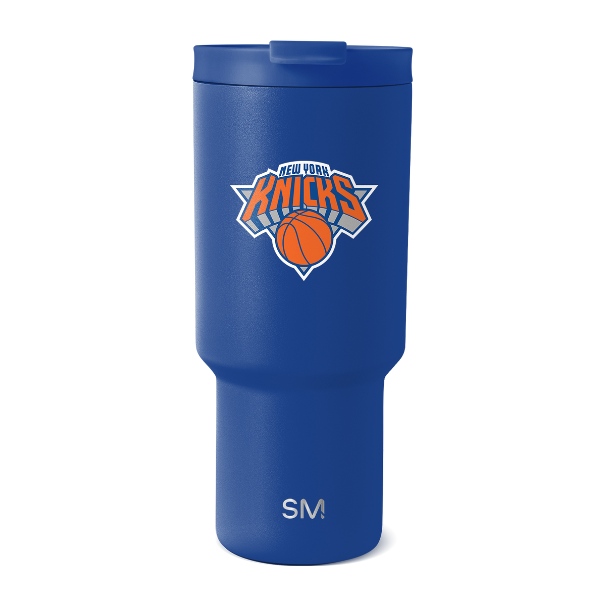 Royal blue metallic tumbler with white accents, featuring a pearlescent finish that catches light across the surface