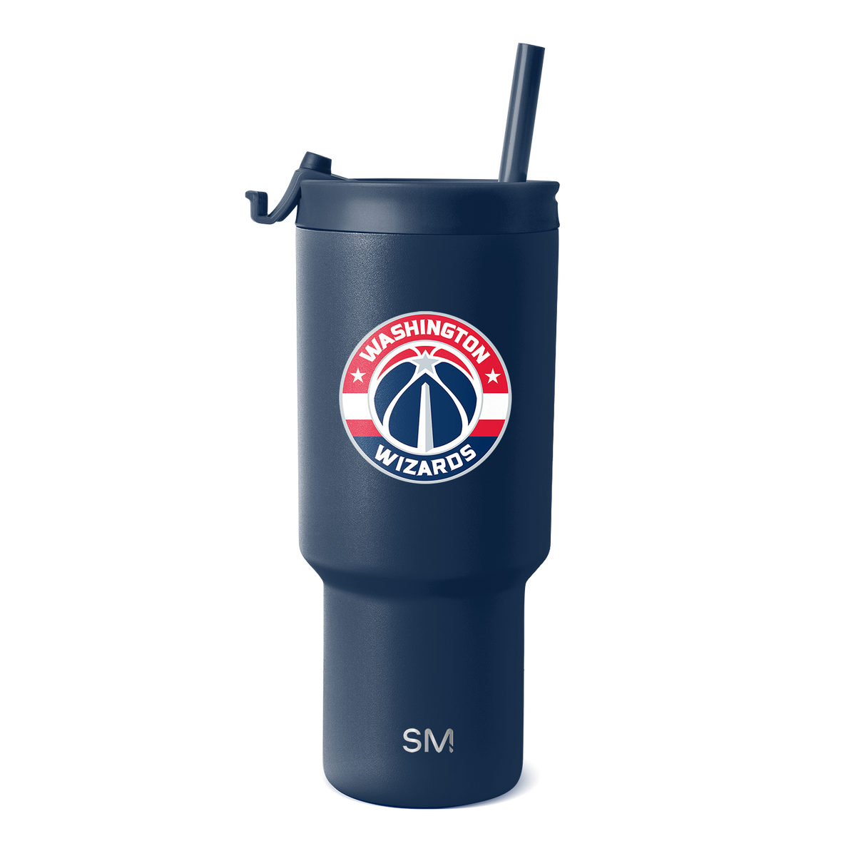 Deep navy blue tumbler with Washington Wizards logo featuring red, white, and navy circular team design