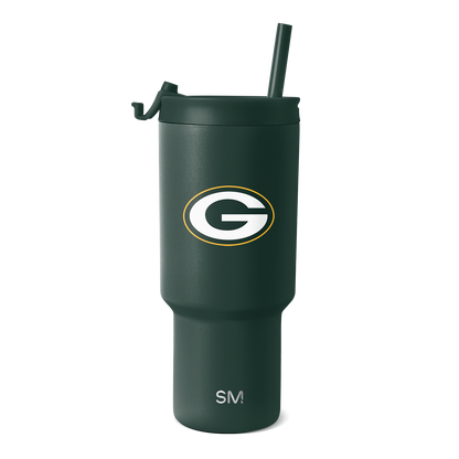 Forest green matte finish tumbler with matching lid, cylindrical design with white accents