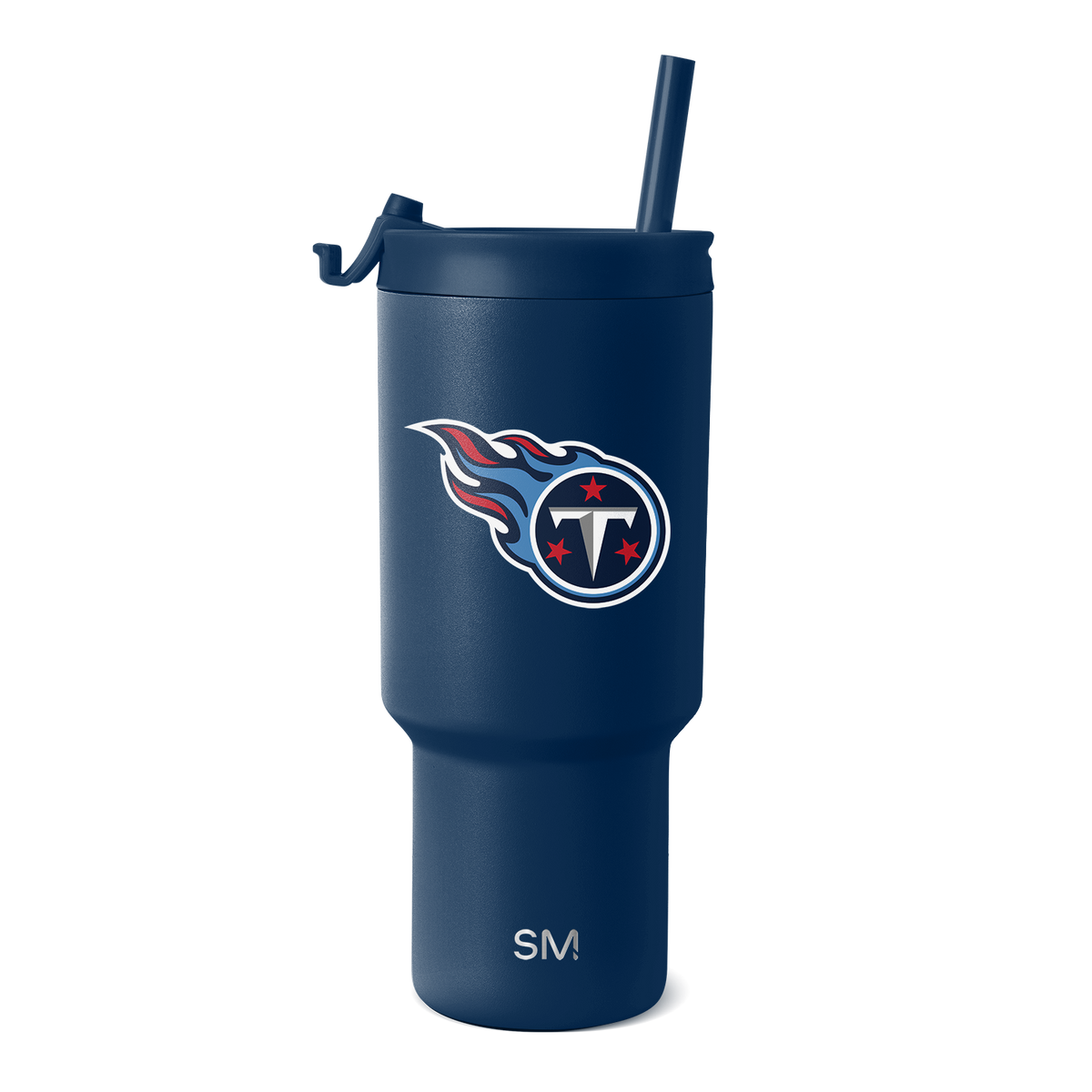 Navy blue matte textured Tennessee Titans NFL drinkware with white outlined team logo and navy blue accents