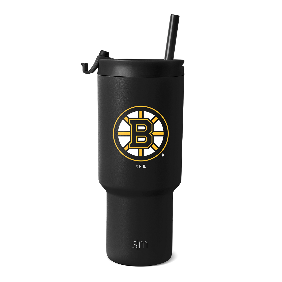 Matte black tumbler with gold and white team logo on white background