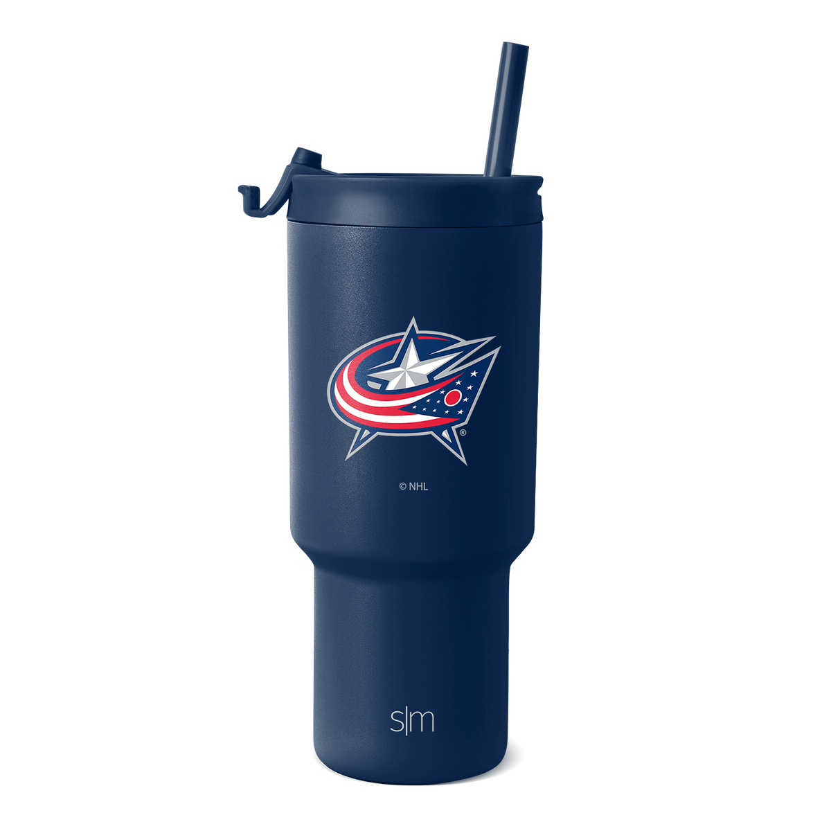Navy blue insulated tumbler with fitted lid and matching straw on white background. Cylindrical shape with wider base tapering toward top.