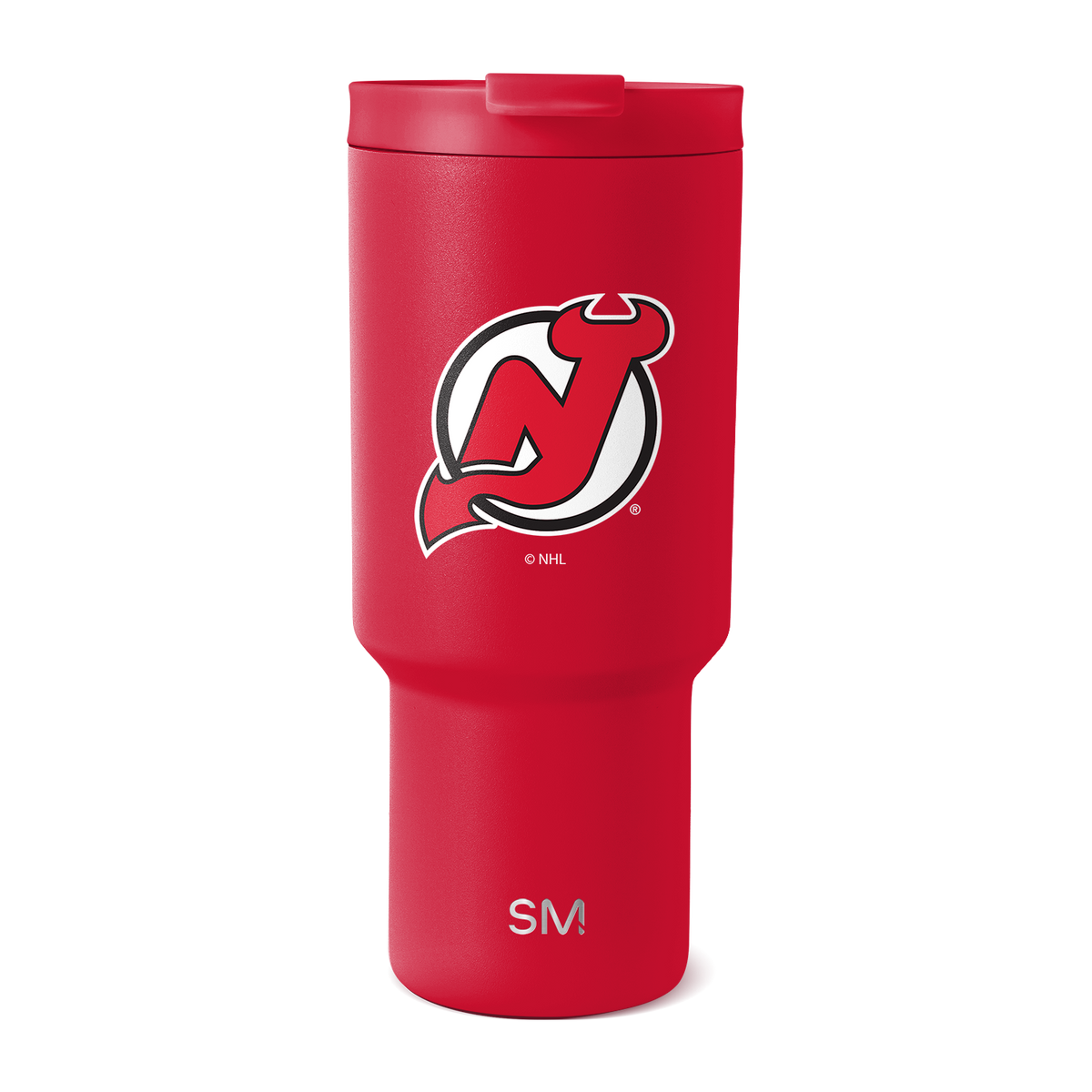 Red tumbler with white logo and SM branding, featuring black and gray accents