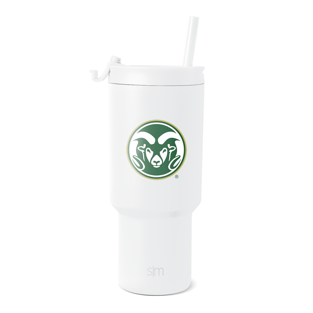 White insulated tumbler with forest green and cream circular logo badge on body