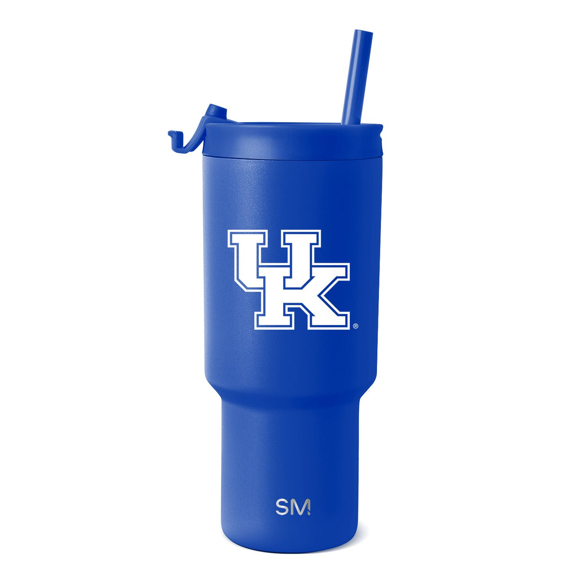 Cobalt blue insulated tumbler with cylindrical body and tapered base on white background