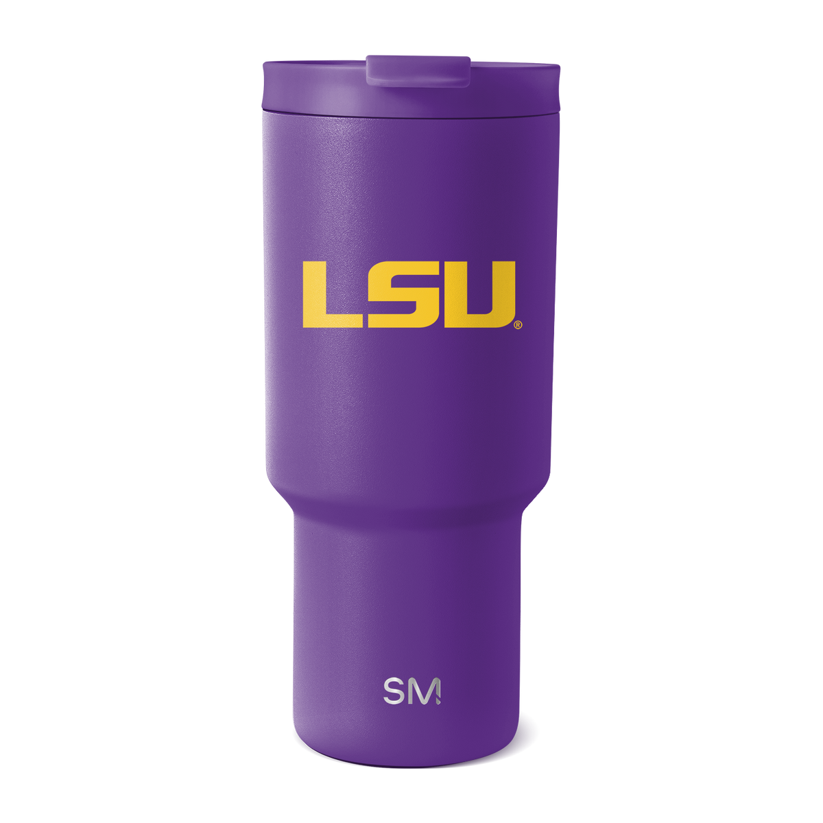 Purple insulated tumbler with matte finish and matching purple lid on white background