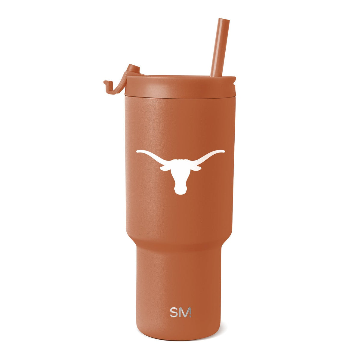 Terracotta-colored insulated tumbler with white accents, featuring a modern design on a neutral background