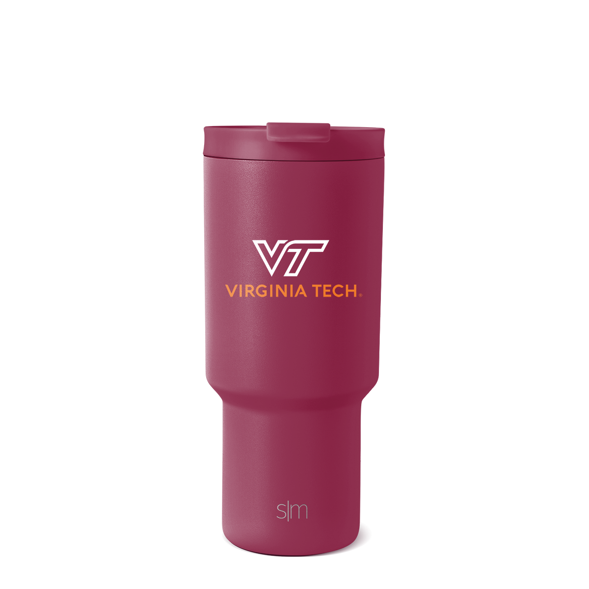 Burgundy wine-red insulated tumbler with darker burgundy cap and white and gold-orange accent details