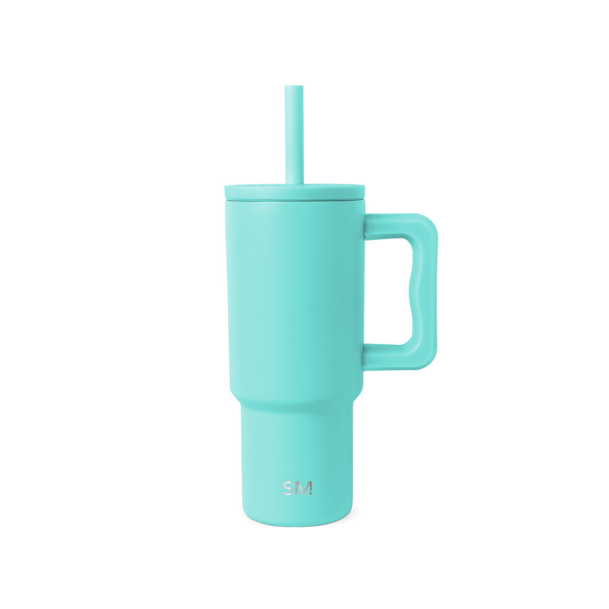 Soft turquoise blue-green cylindrical vessel with matching handle and lid, shown against neutral background.