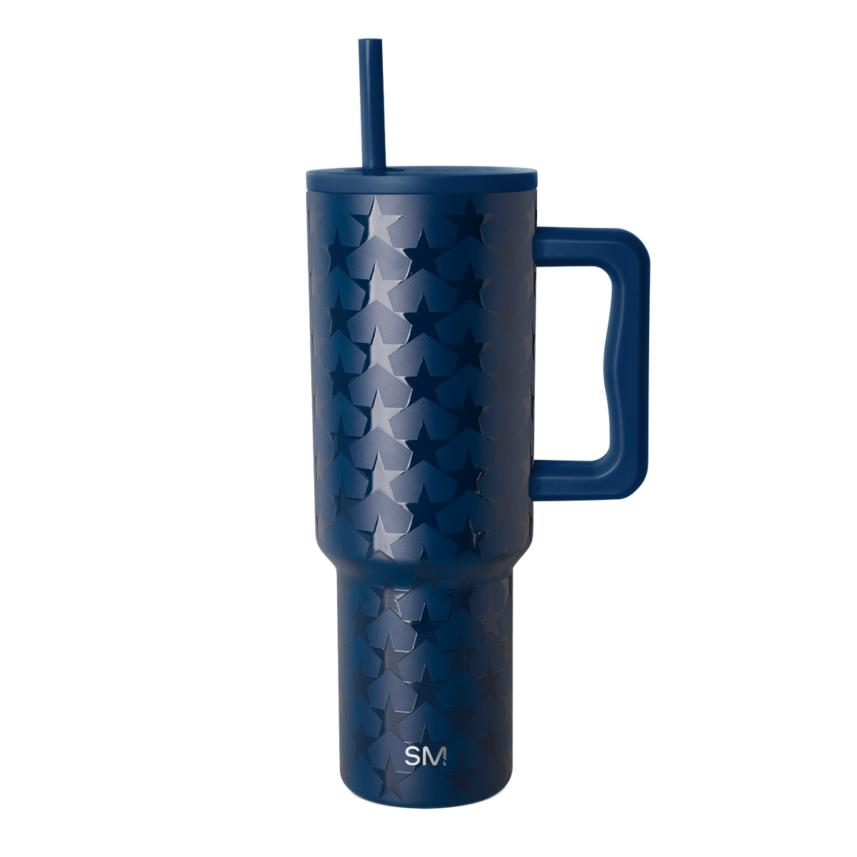 Deep navy blue tumbler with silvery-blue tonal pattern, isolated on white background