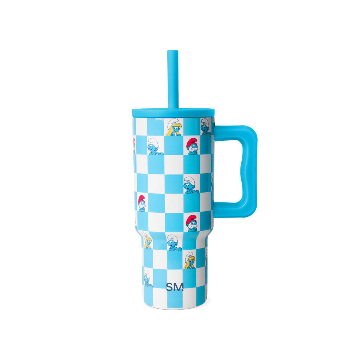 Turquoise blue and white checkerboard tumbler with matching turquoise handle, lid, and straw.