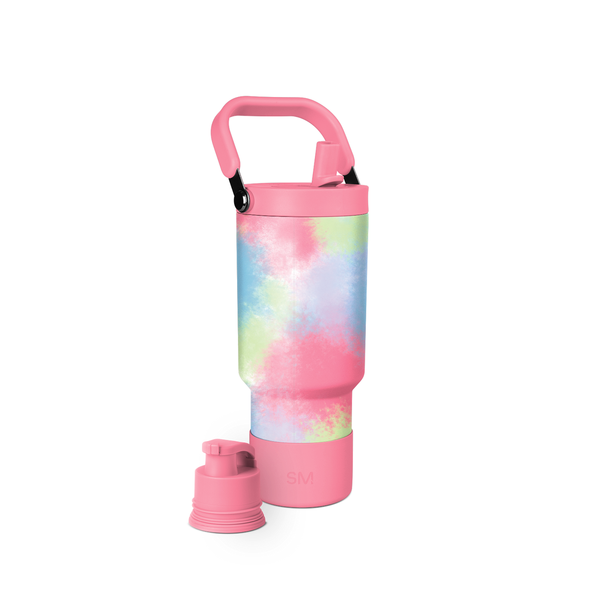 Pastel tie-dye water bottle in soft pink, pale yellow, mint green, and light blue swirled pattern on cylindrical body