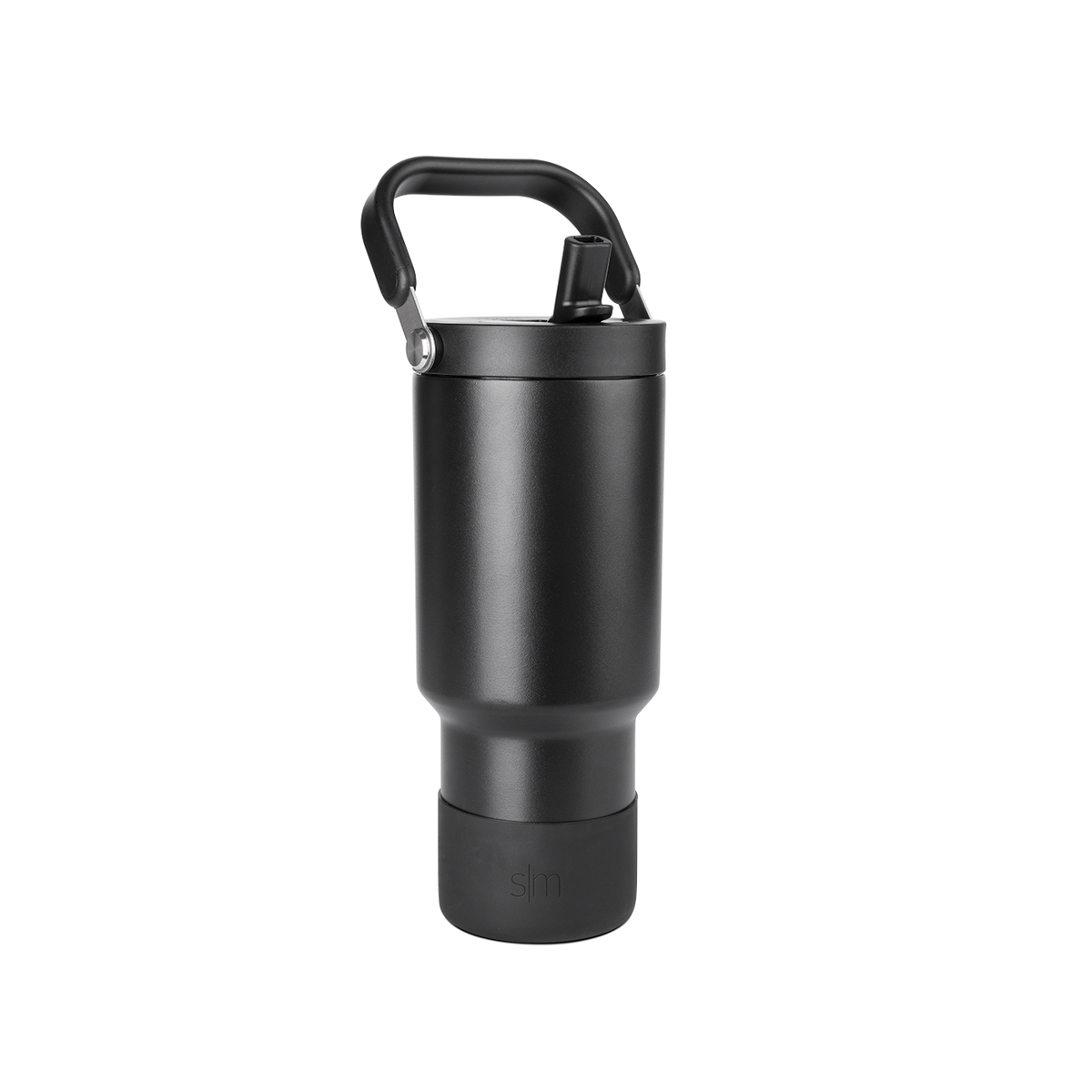 Matte black cylindrical drinkware with metallic gray accents and dark handle against black background