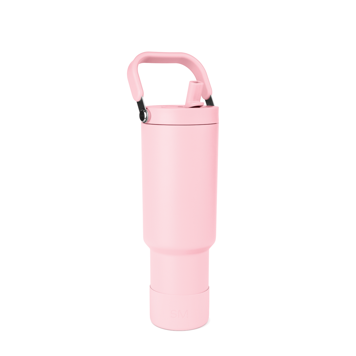 Tall cylindrical pale pink water bottle with rounded tapered design and wider middle section on white background