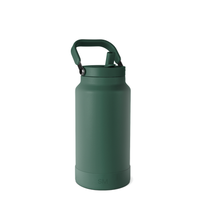 Sage green insulated water bottle with matching lid and handle, featuring a muted earthy tone with darker green accents