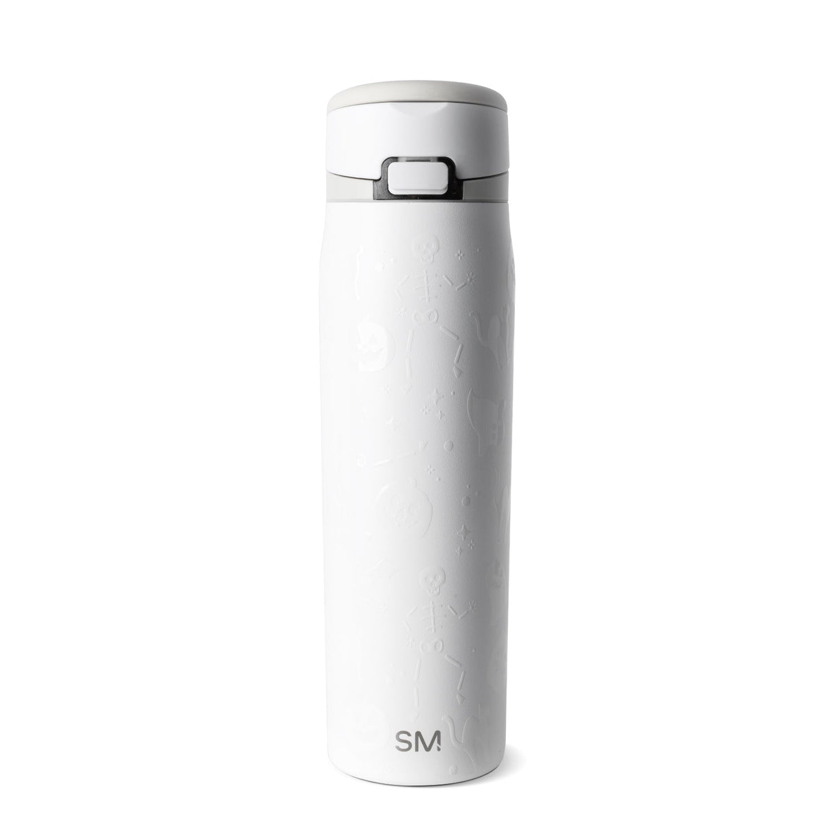 White insulated tumbler with matte finish and embossed textured details on cylindrical body, centered against white background